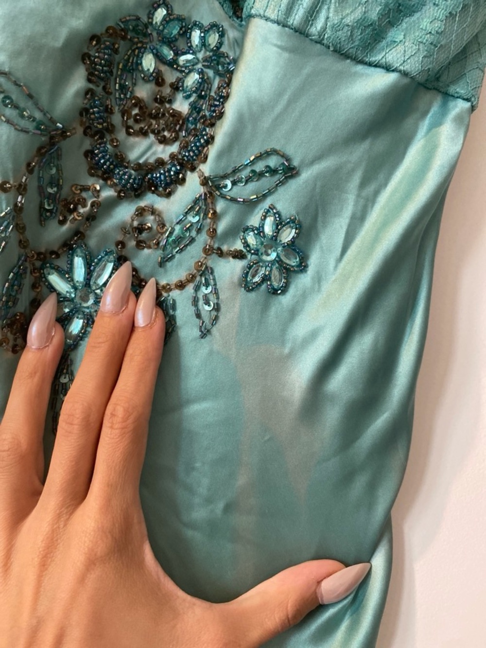 Cache Teal Lace & Sequin High-Low Slip Dress - Picture 6 of 9